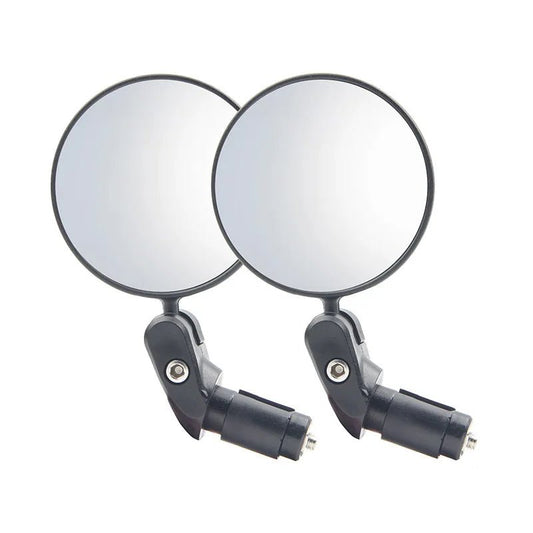 Two round bicycle mirrors with black mounting brackets shown against a plain white background.