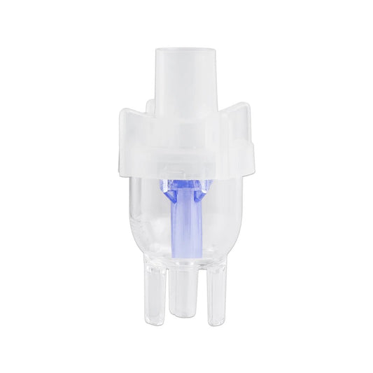 Transparent nasal spray bottle with white cap and blue nozzle, isolated on white background.