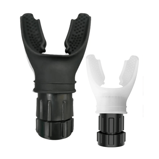 Black and white mouthpiece attachments for a sports mouthguard, displayed on a neutral background. black and white breathing trainer