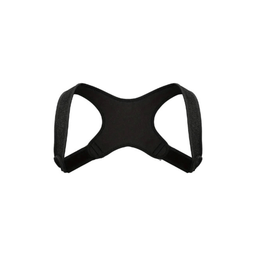 Black shoulder posture corrector with insets showing its use on a person's back and side.